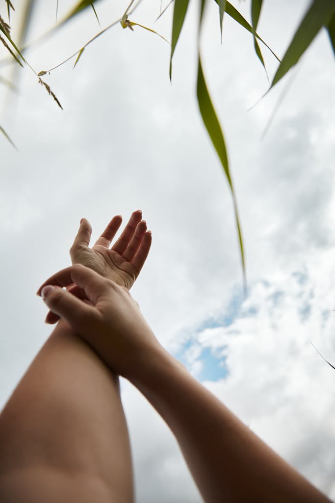 Arms raised reaching towards sky amidst green leaves and clouds.
